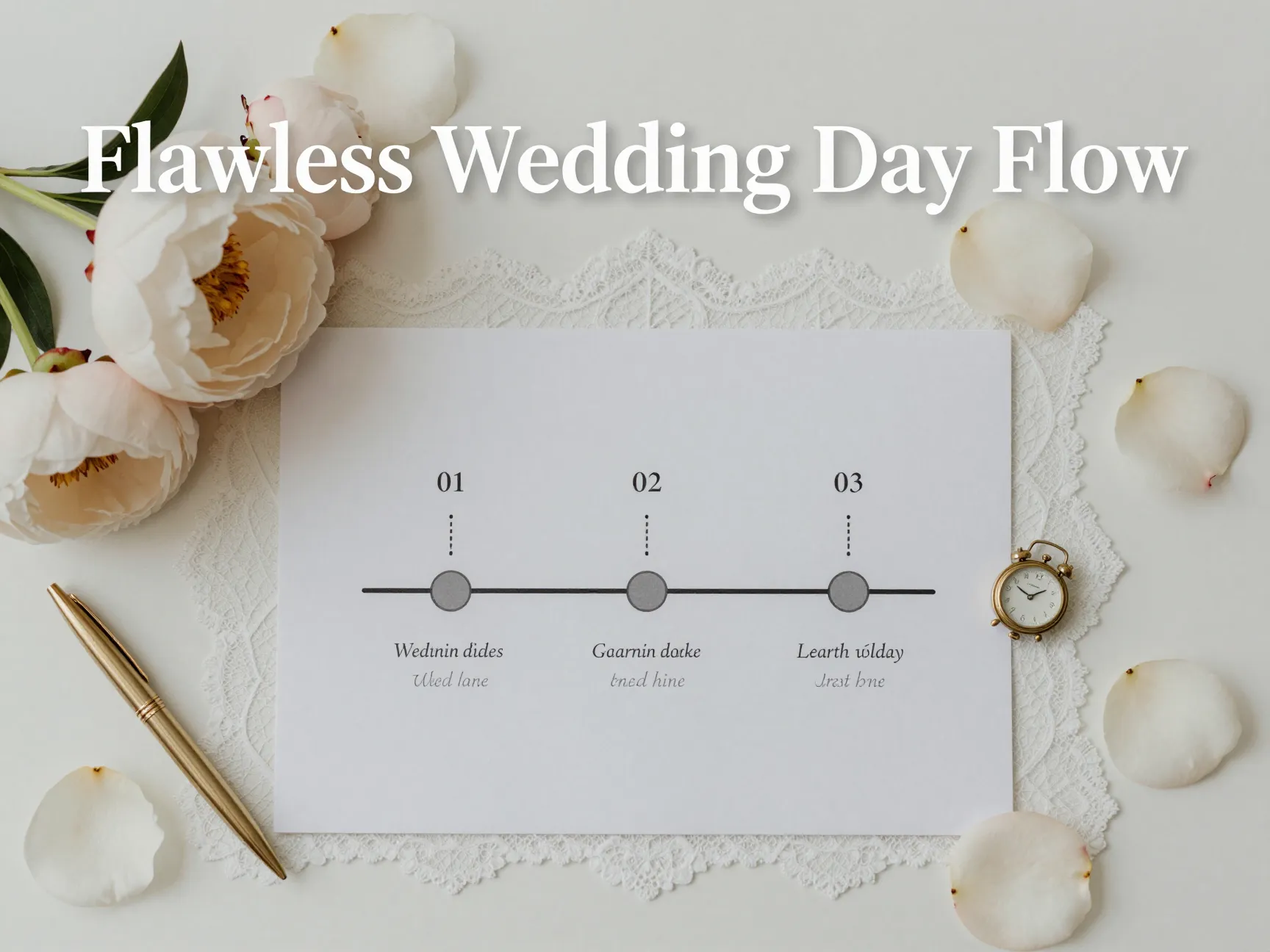 Timeline flat lay peony gold pen watch petals desk