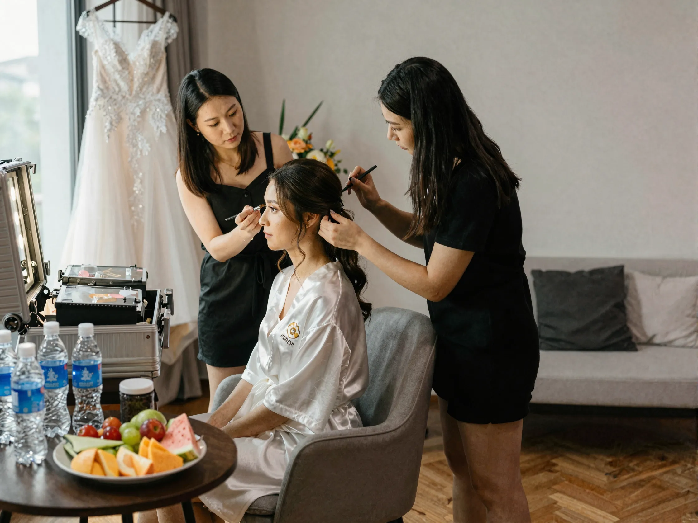 Bride and bridesmaids getting ready with hair makeup and snacks morning