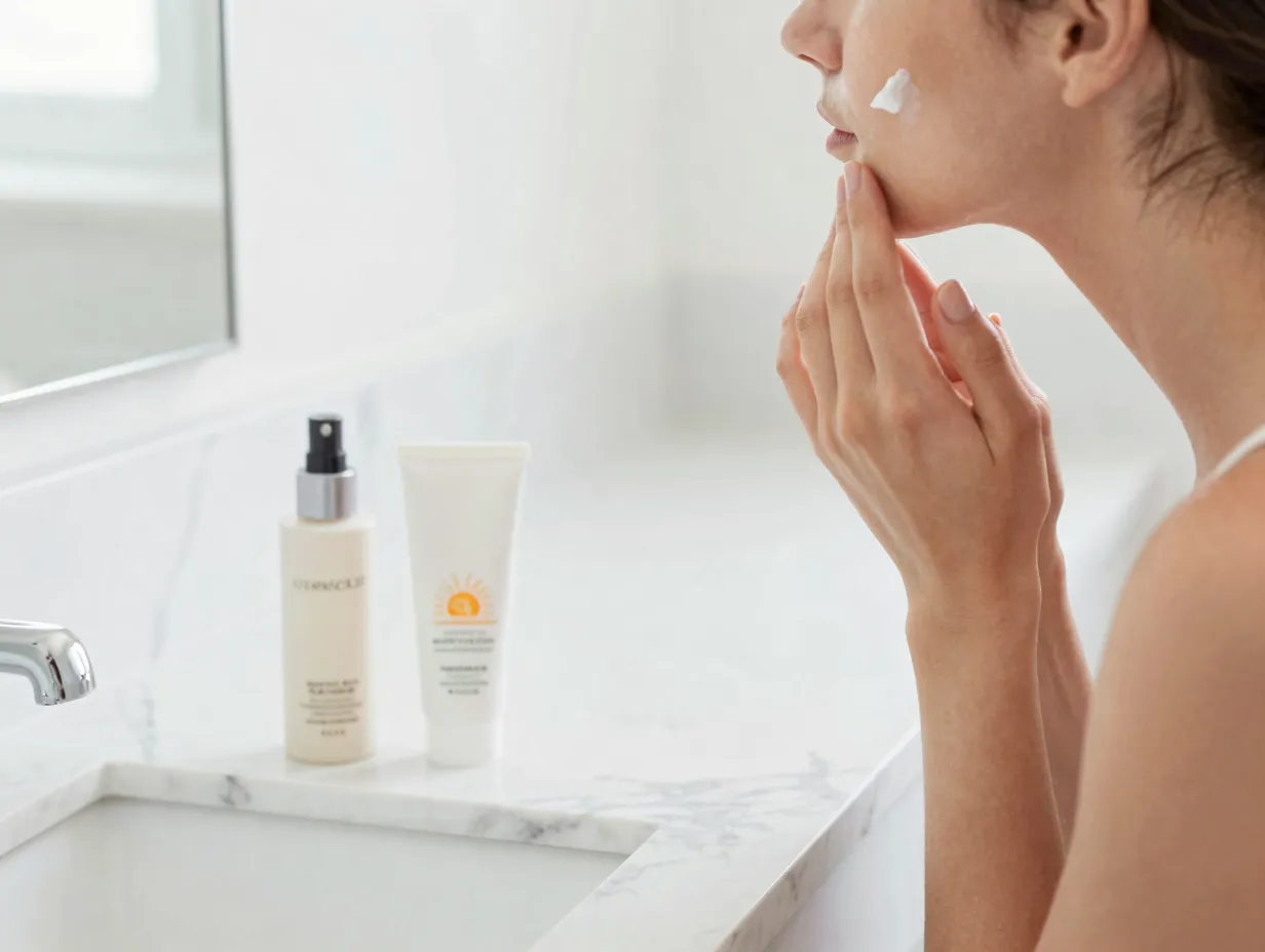 Bride applying skincare before wedding day makeup table with products