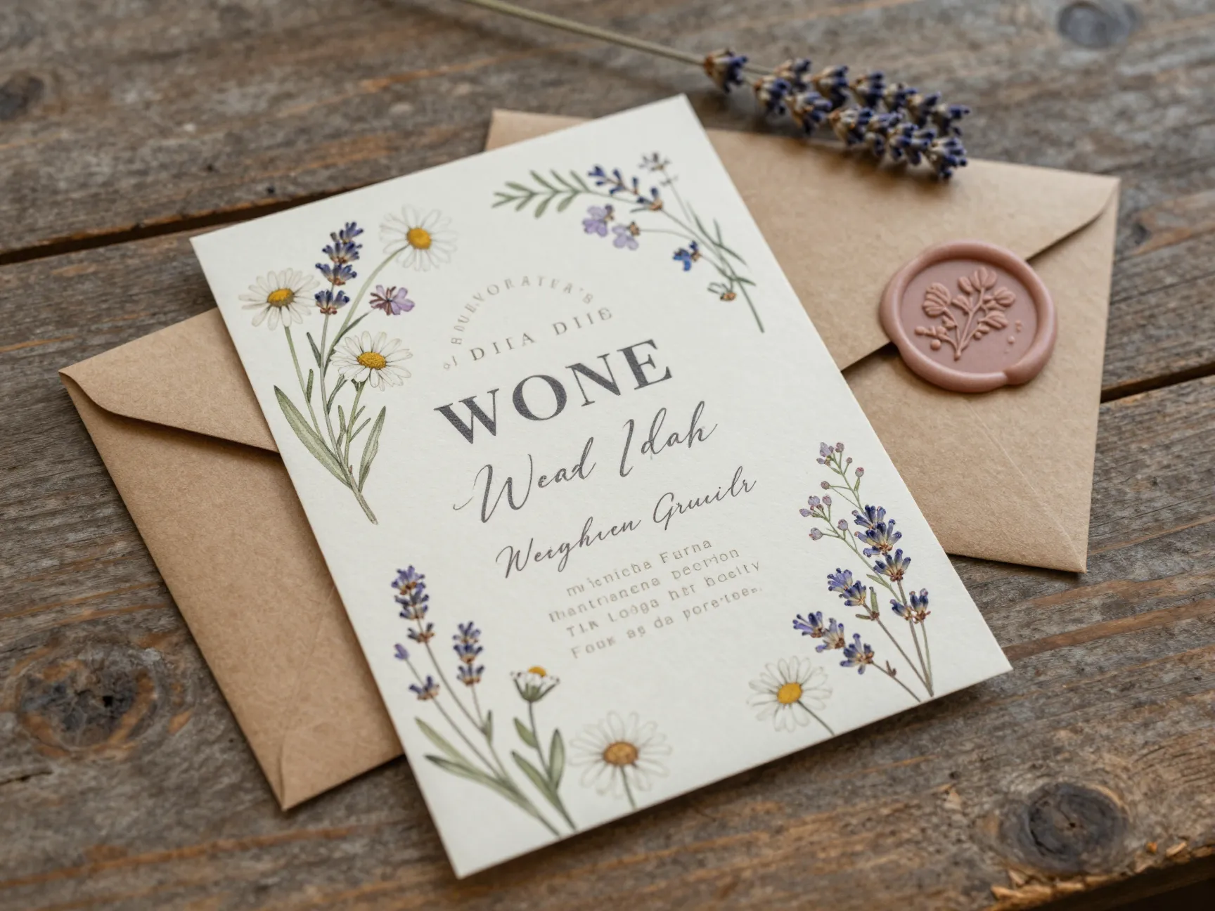 Kraft paper invitation with wildflowers on a barn wedding table