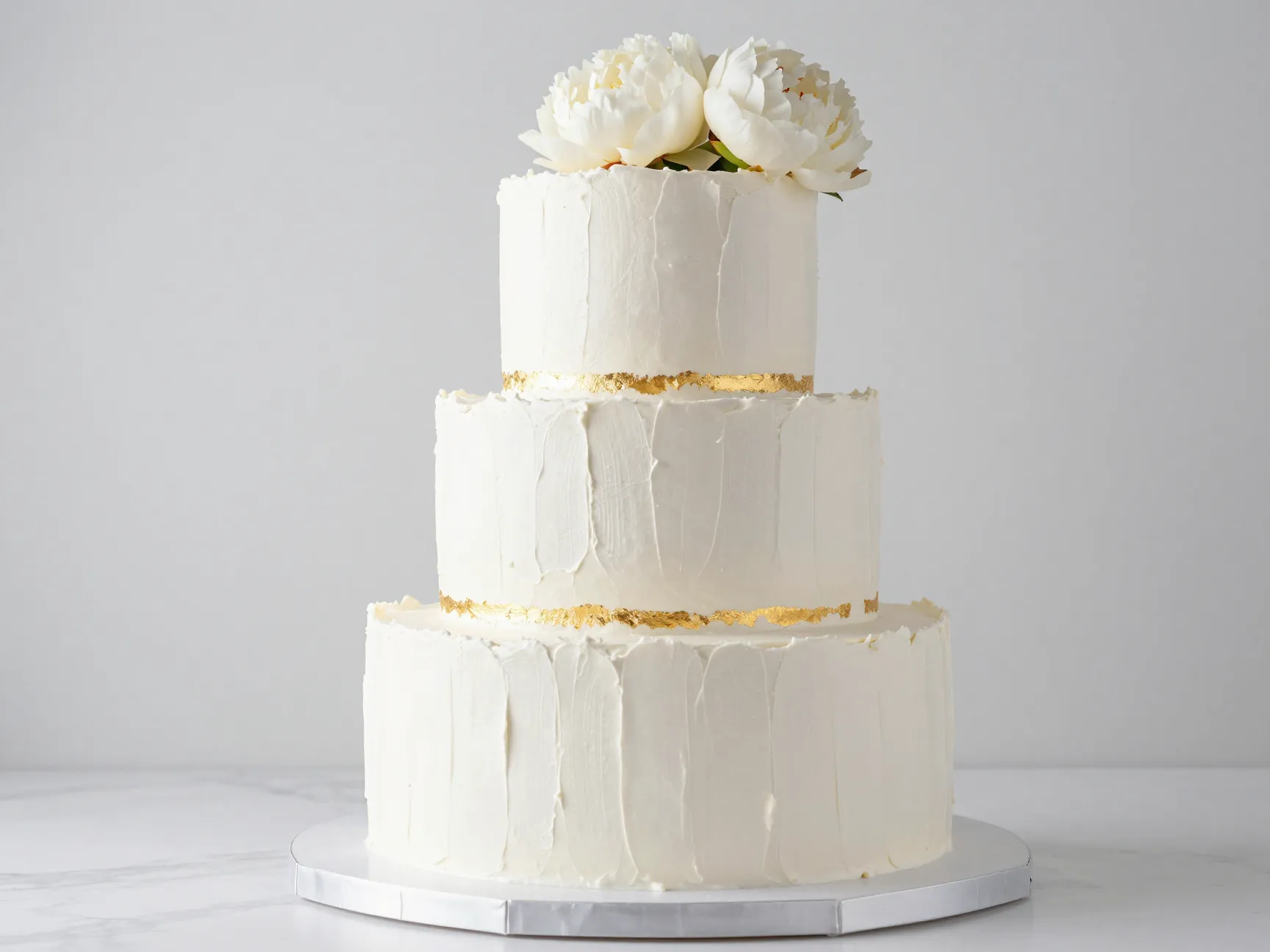 Pristine white tiered cake with textured buttercream and minimalist gold leaf