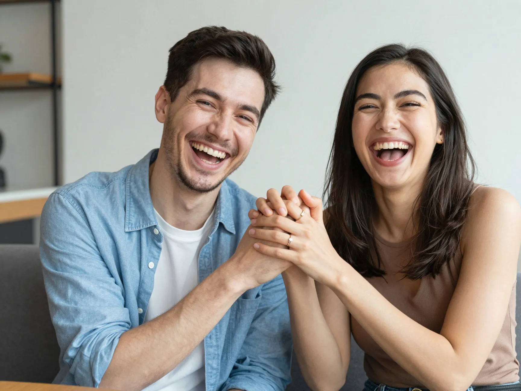 A laughing couple holding hands with a playful humorous tone