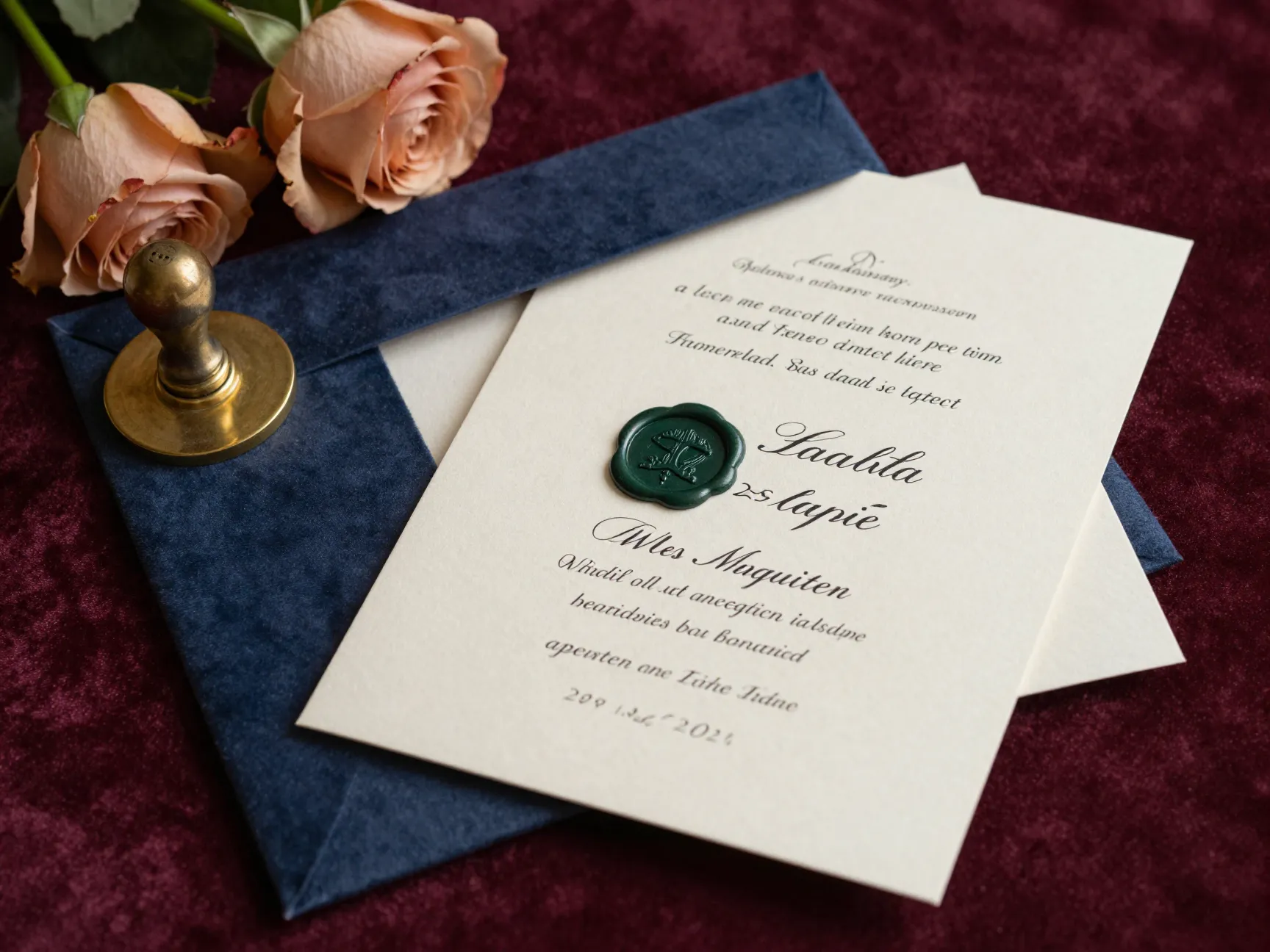 An engraved invitation on a velvet cloth in a historic library