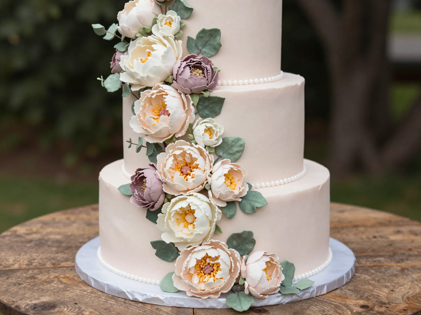 Cascading sugar peony floral wedding cake in soft blush tones