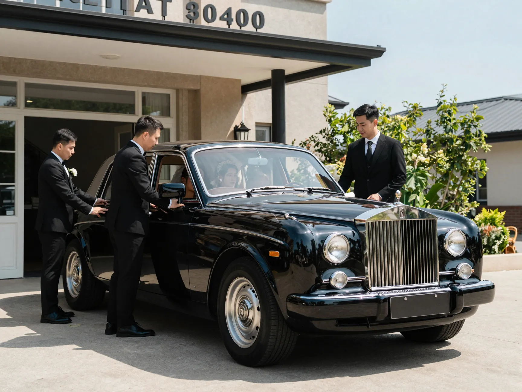 Wedding party arriving at ceremony venue in classic car transportation