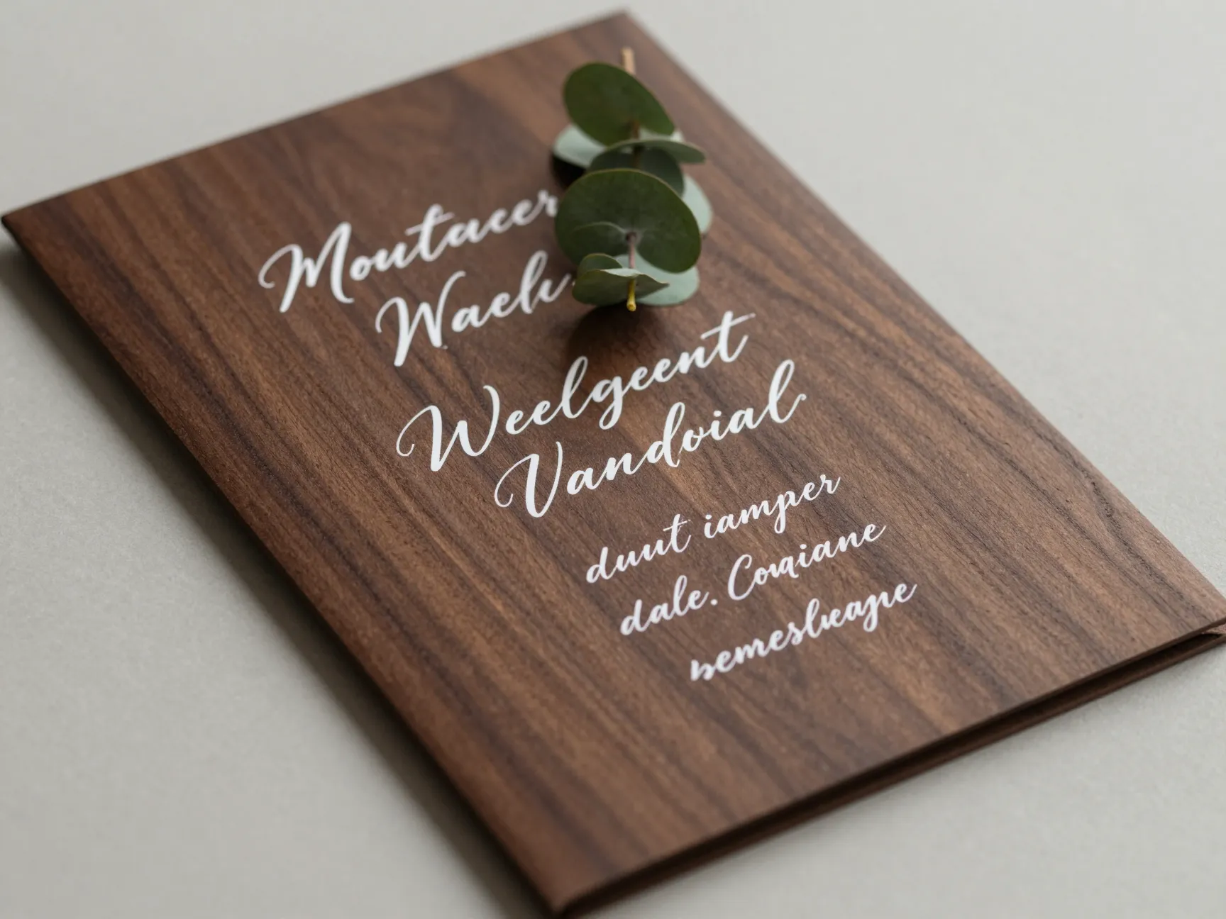 Wood grain wedding invitation with elegant calligraphy on cardstock
