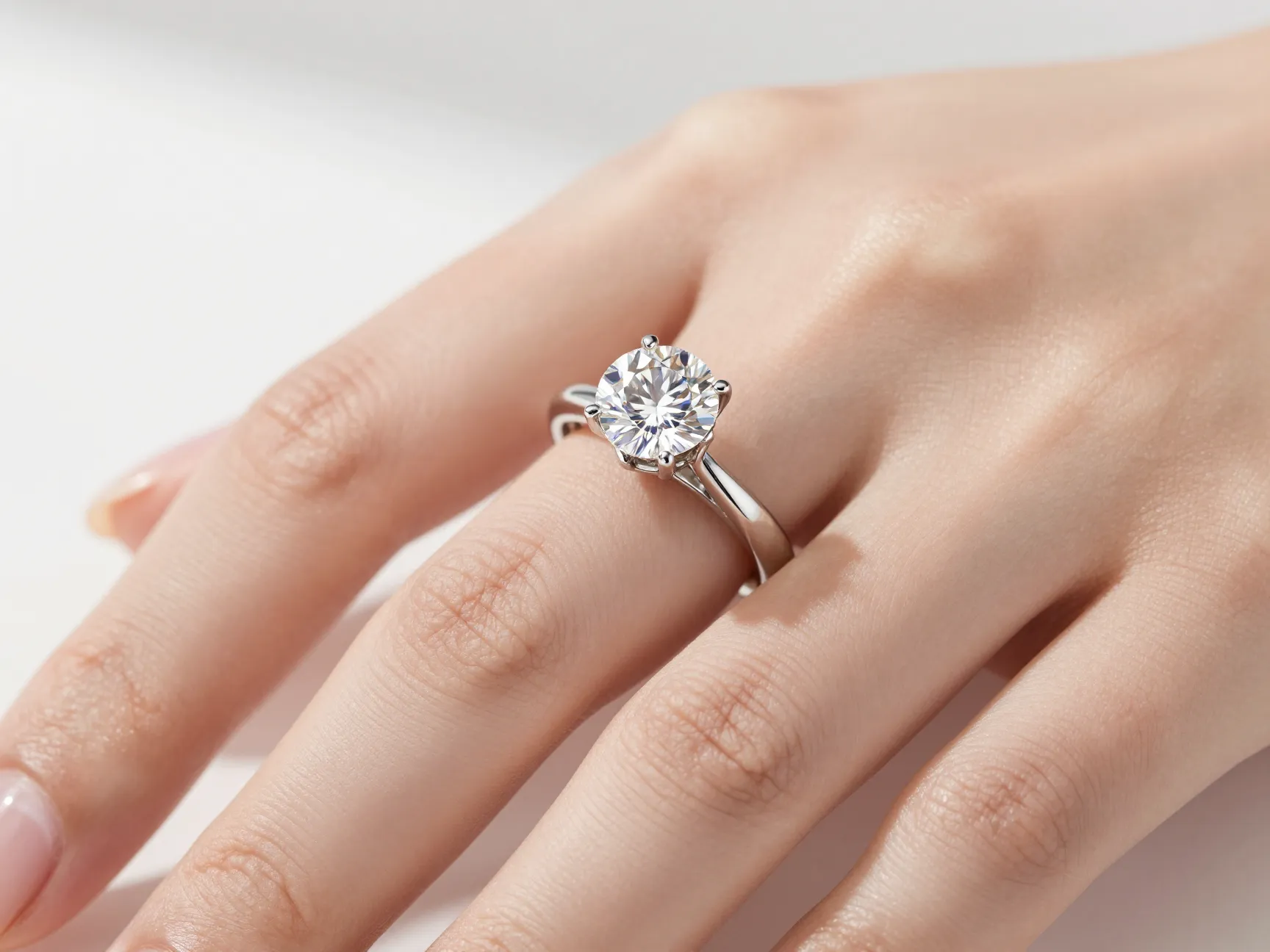 A close up shot of a dazzling diamond engagement ring on a hand