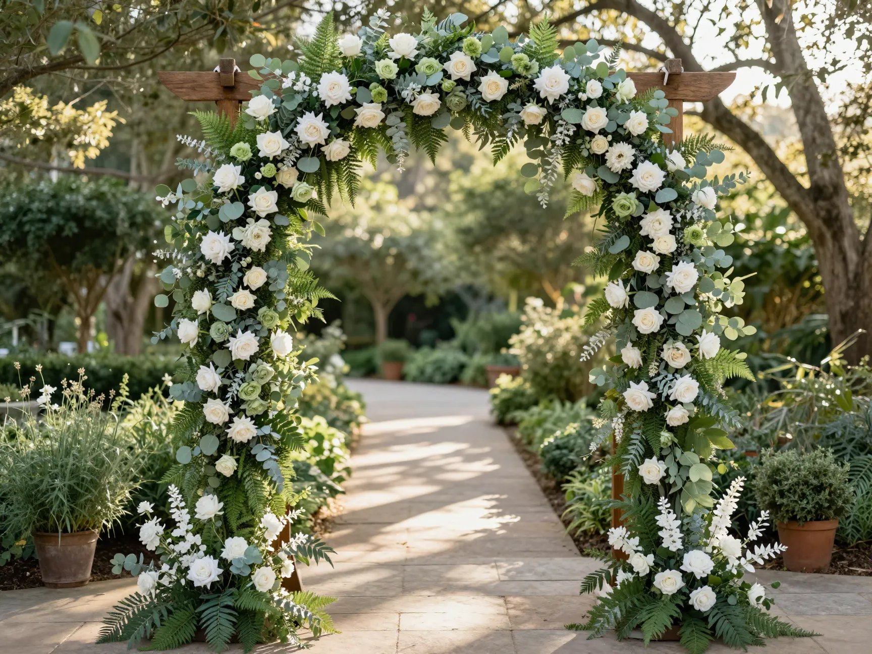 A lush garden arch with sage green and white floral garlands