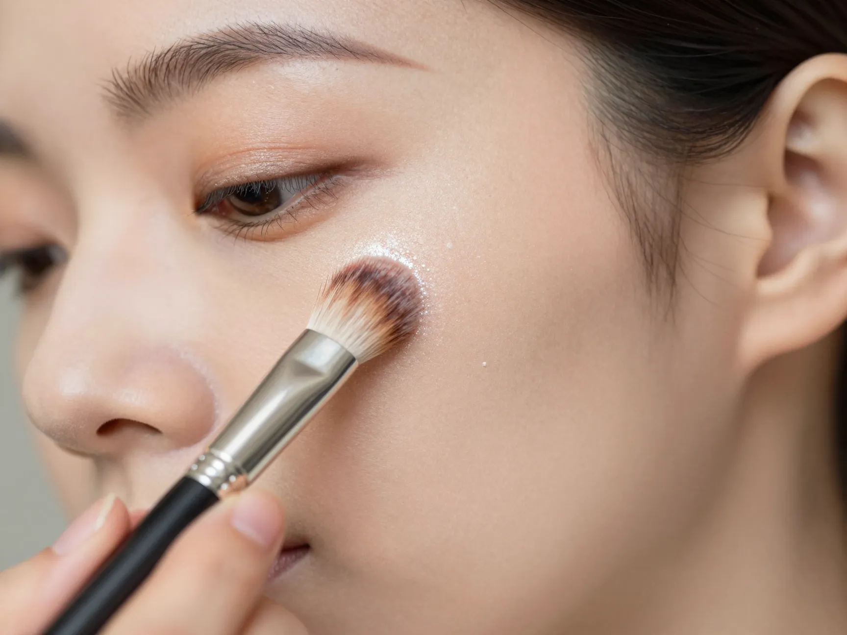 Bride applying intentional radiance with pearl highlighter on cheekbones