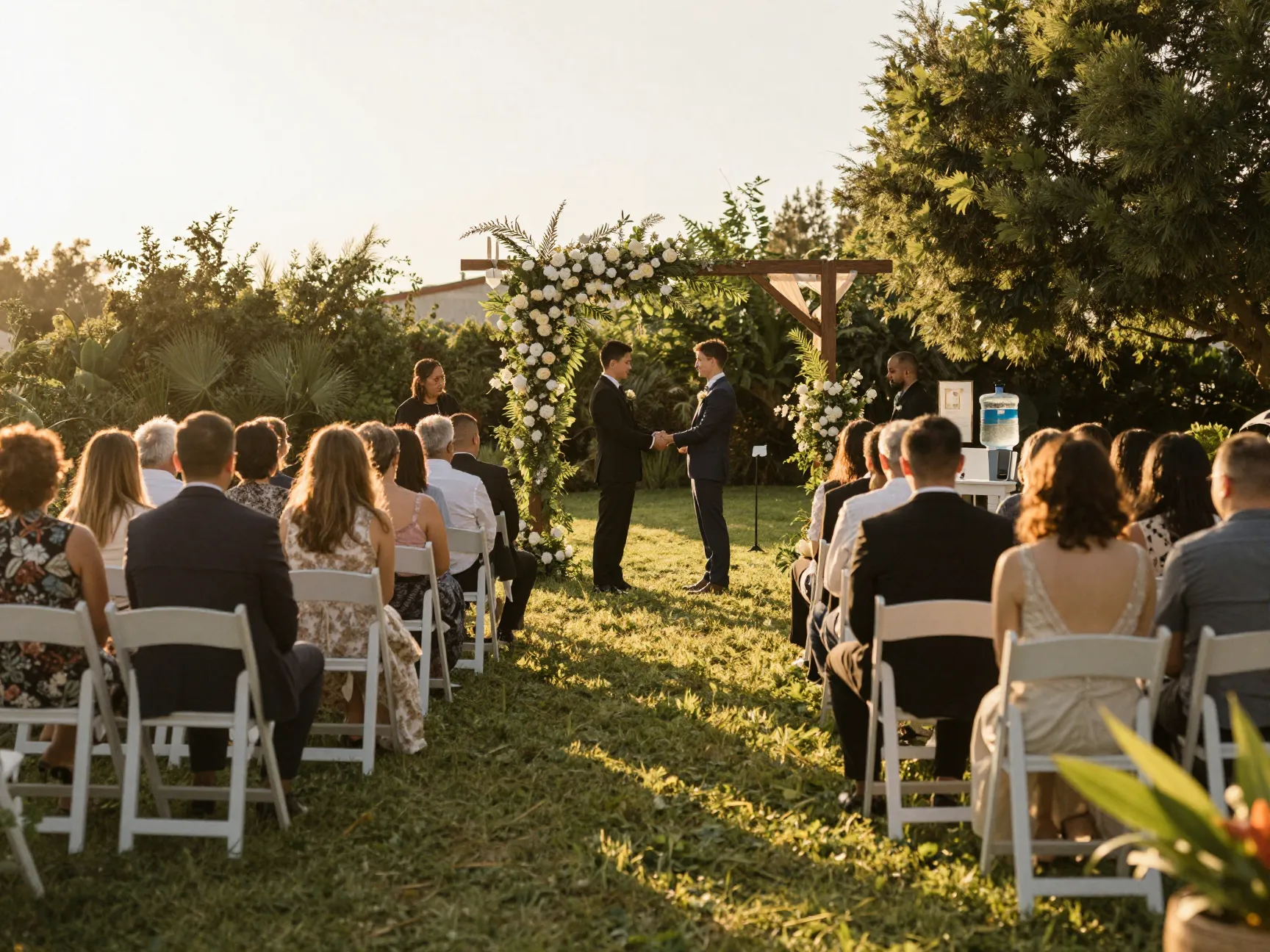 Outdoor wedding ceremony with guests seated in golden hour light