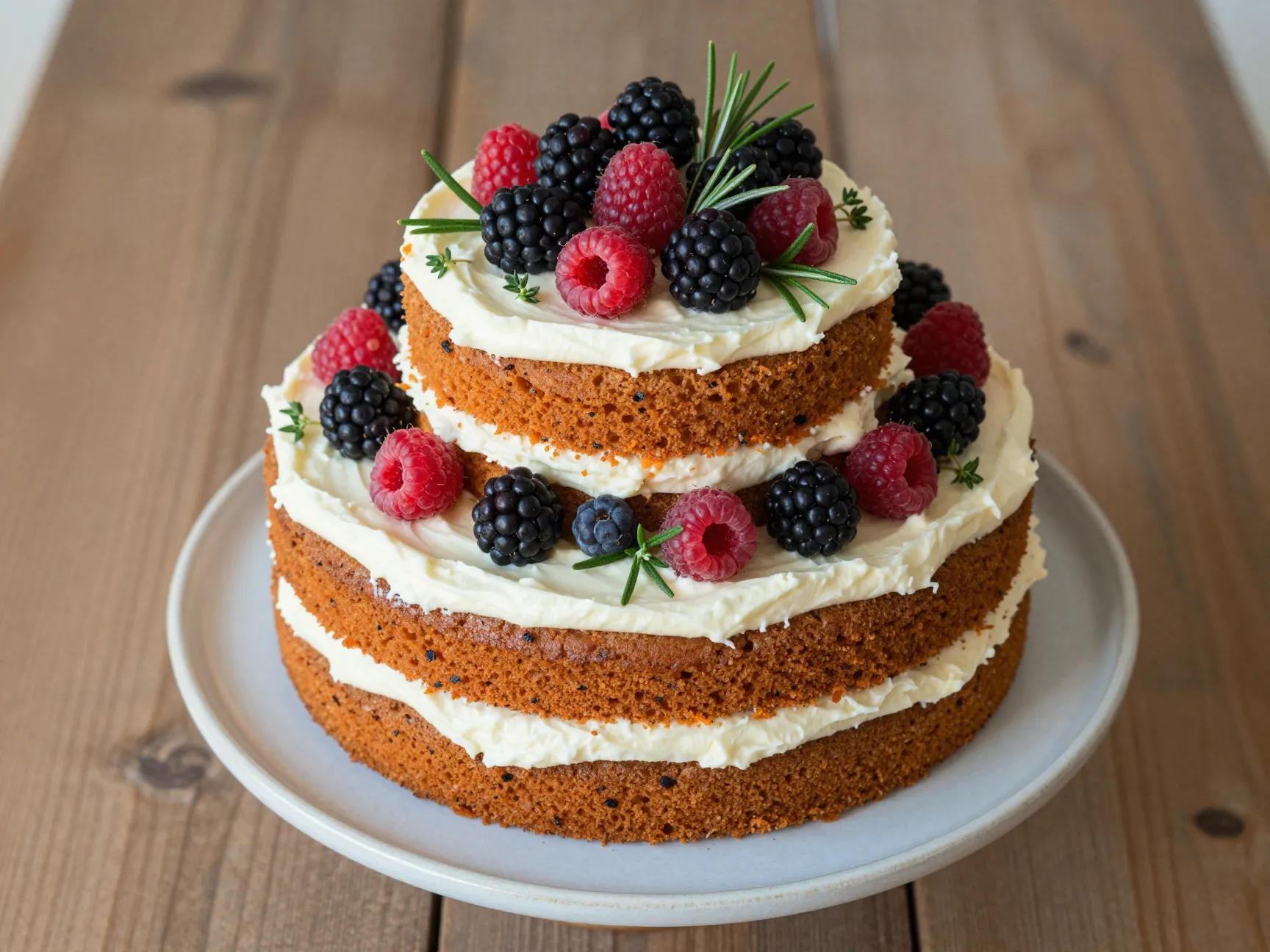 Rustic semi naked carrot cake decorated with fresh berries and herbs