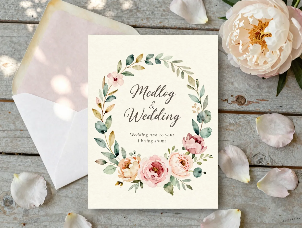 Watercolor floral wreath wedding invitation on a romantic garden table