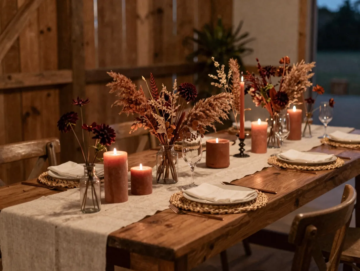 A rustic table setting with dried florals and terracotta candles