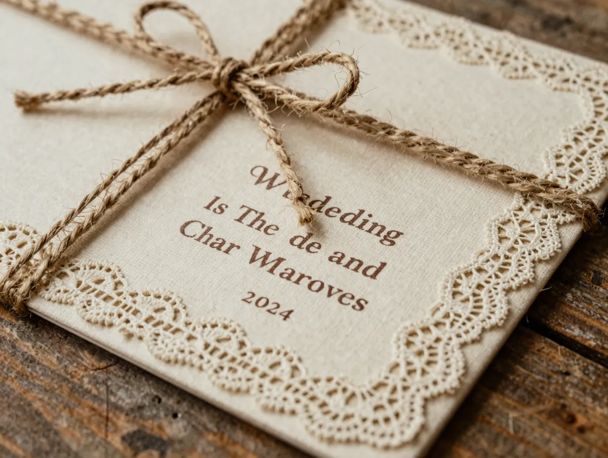 Burlap and lace texture wedding invitation with a twine bow