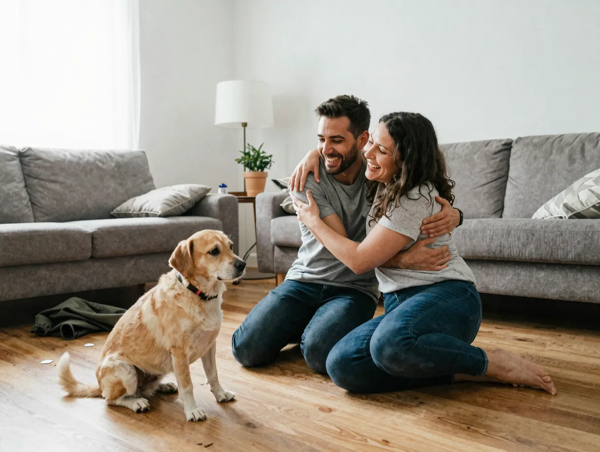 A couple celebrating with a confused dog after a numbered list proposal