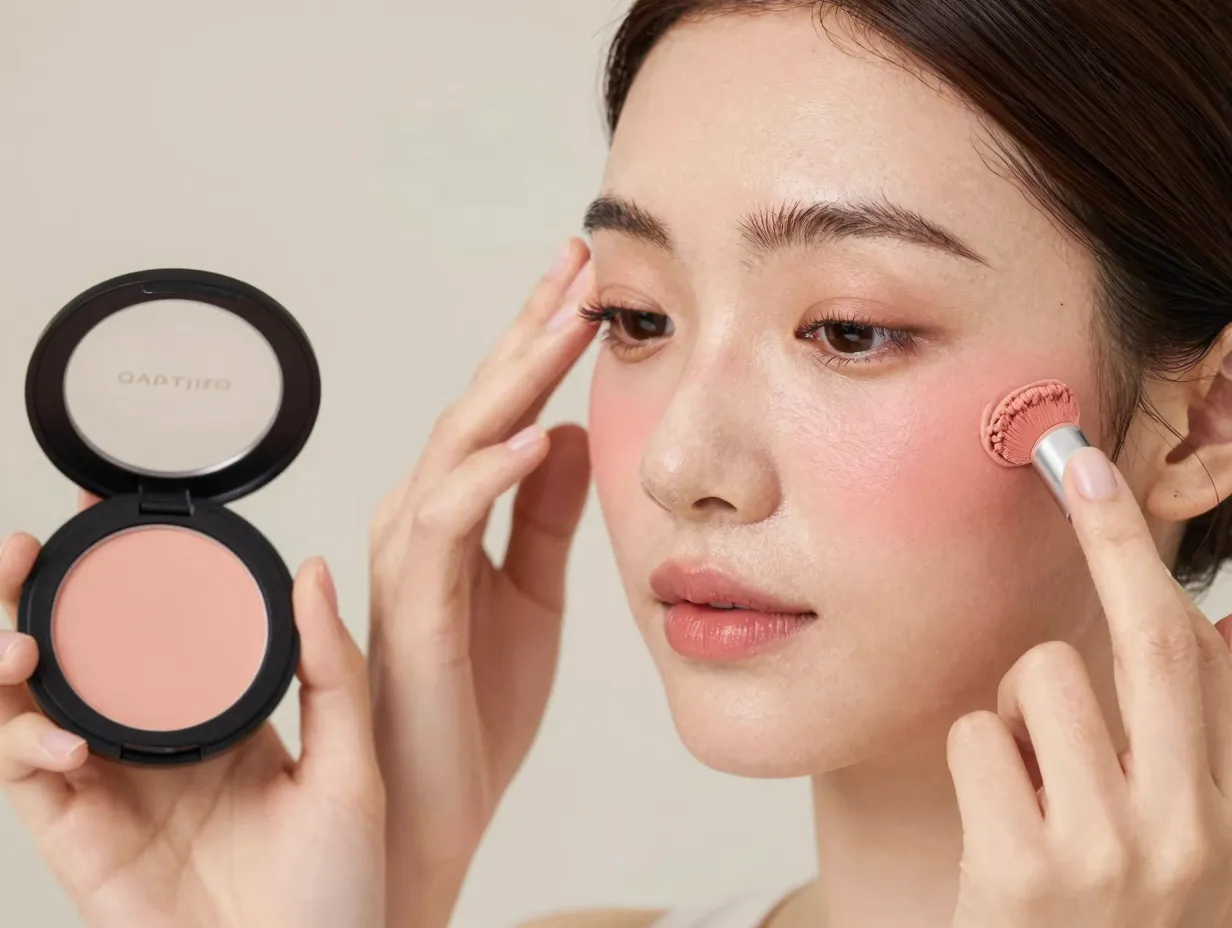 Bride layering cream blush upward toward temples for lifted effect