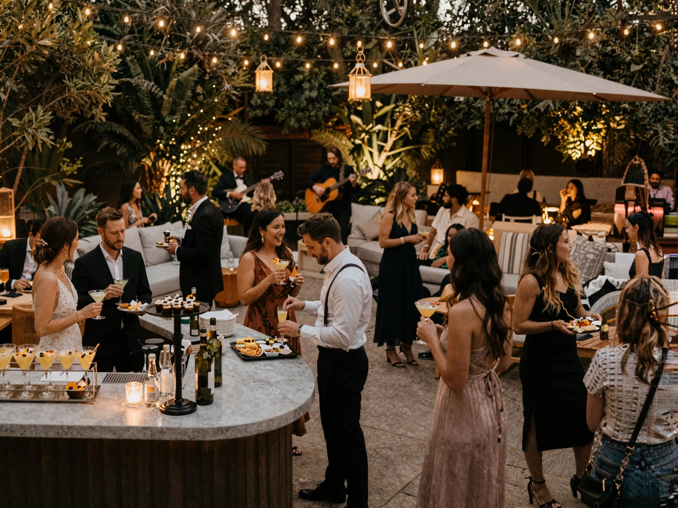 Cocktail hour with guests mingling and bespoke drinks lounge area
