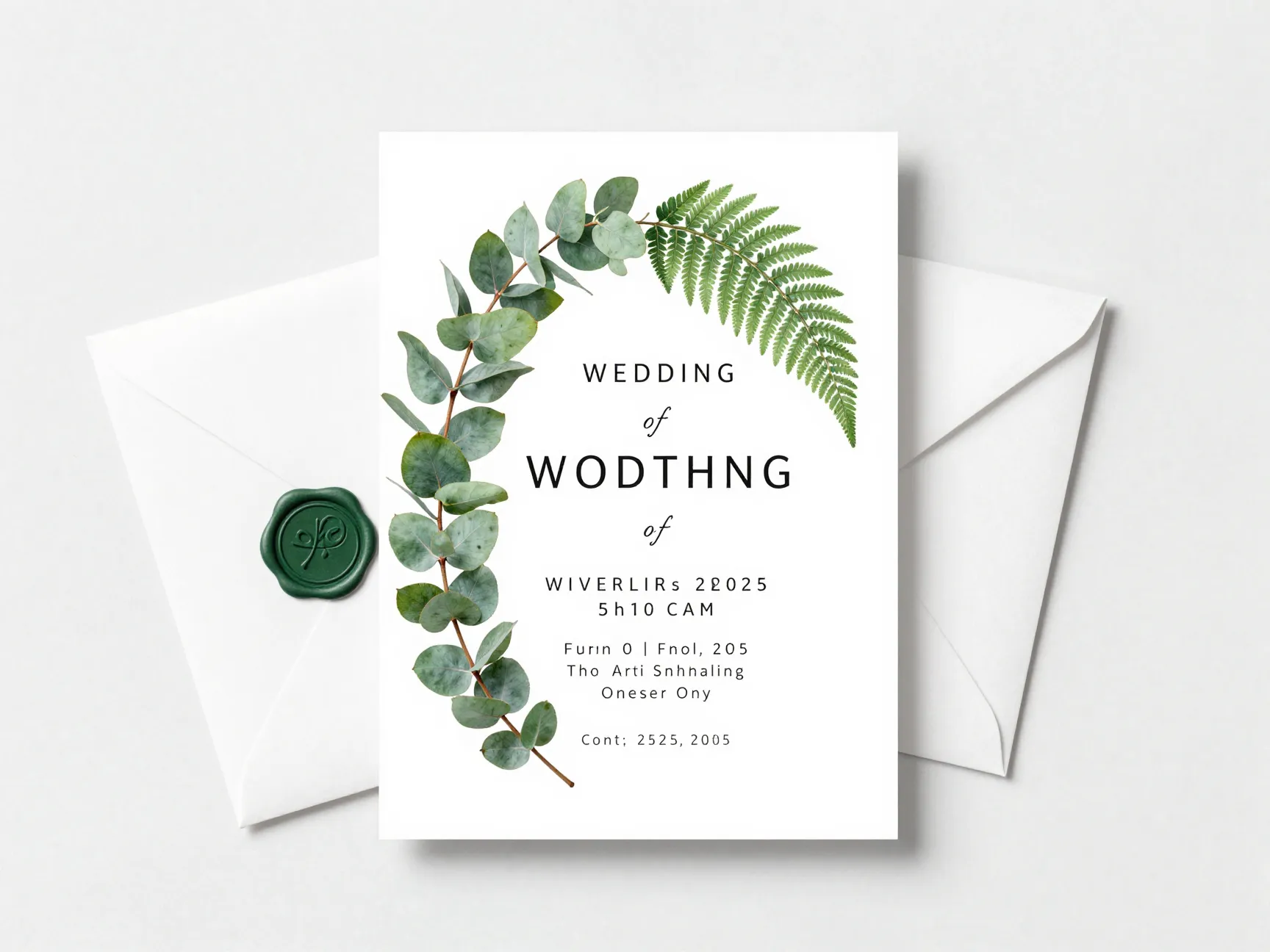 Greenery botanical wedding invitation on a clean white background