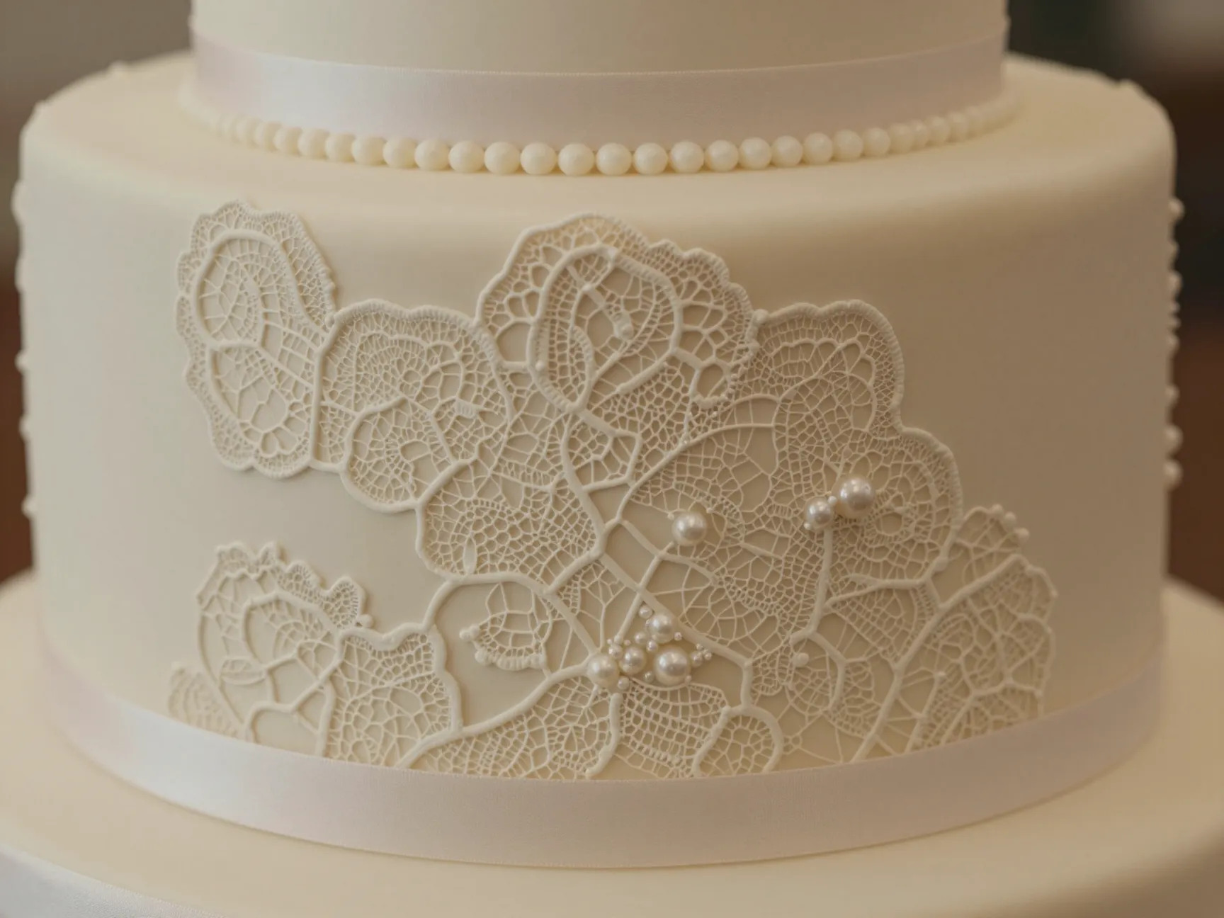 Intricate ivory fondant lace wedding cake with delicate piped patterns