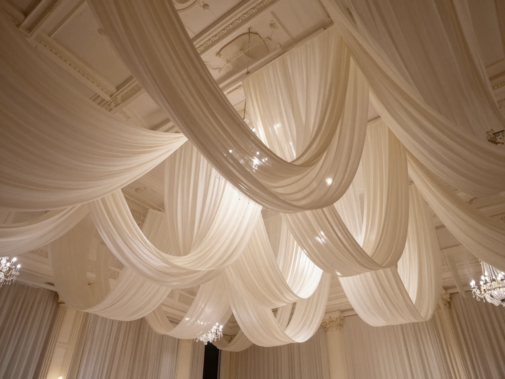 Sweeping ivory fabric draping from a grand ballroom ceiling