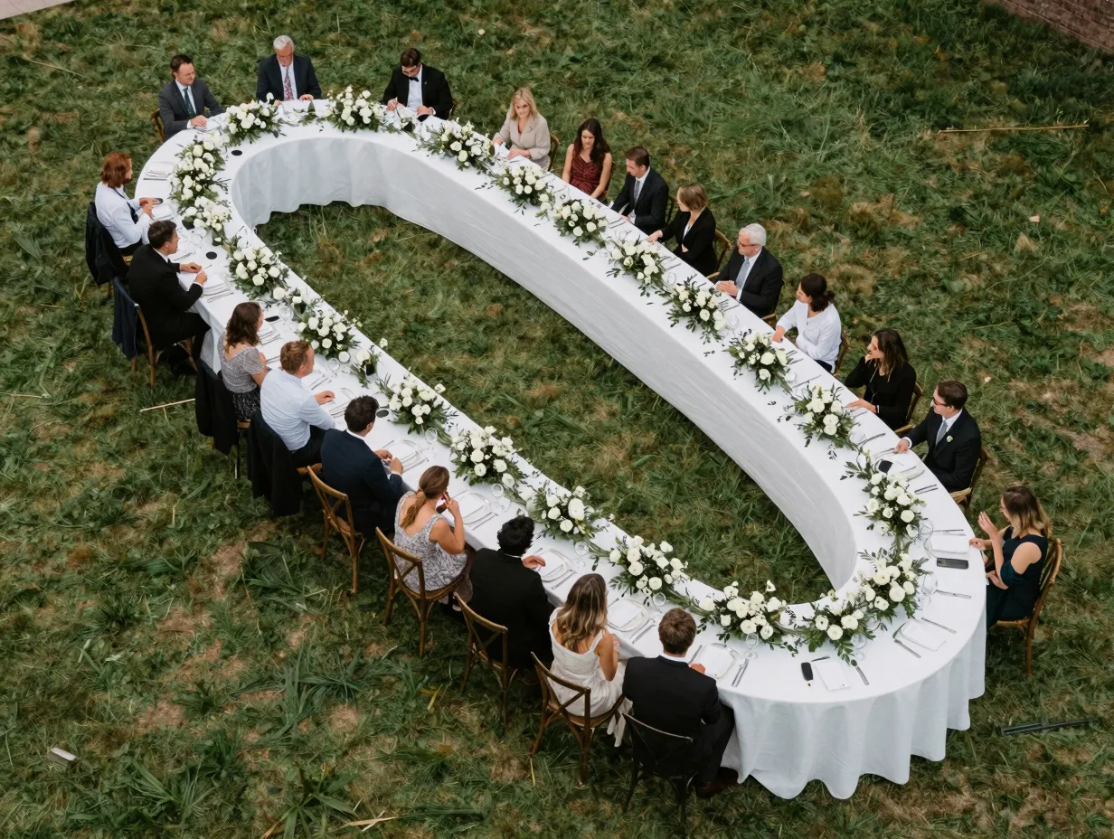 A serpentine guest table winding through an outdoor reception
