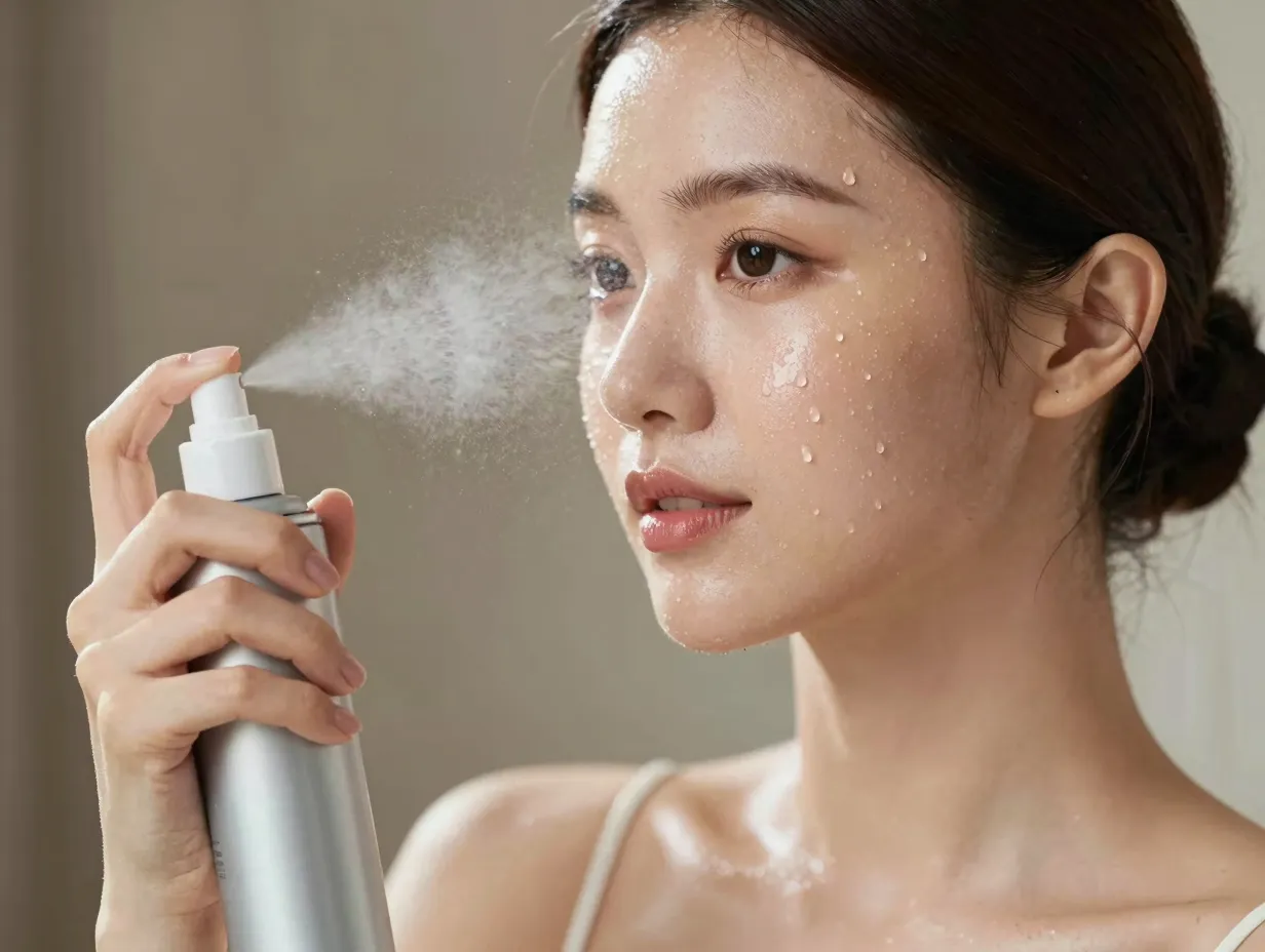 Bride with dewy velvety skin finish using hydrating setting spray