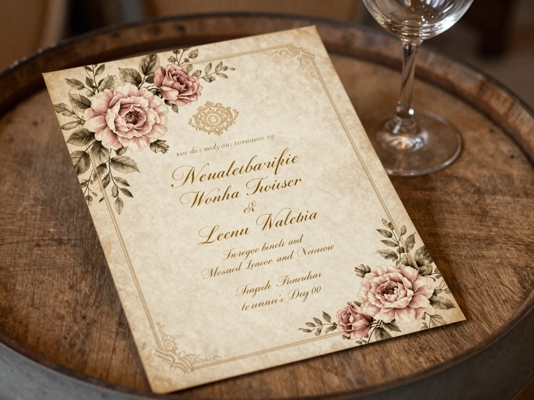 Vintage floral script invitation on aged parchment at a winery
