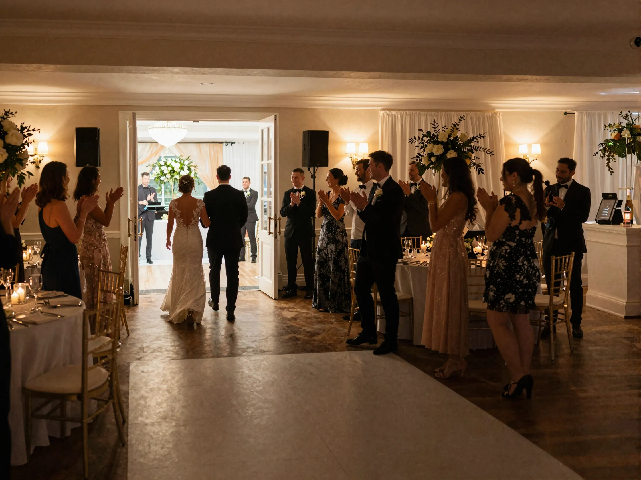 Wedding reception grand entrance with couple entering decorated ballroom
