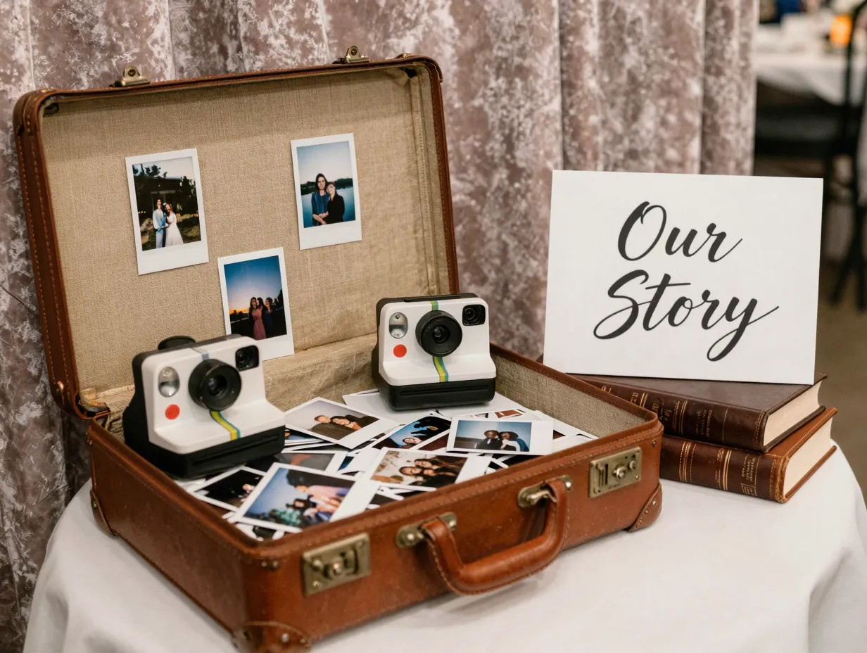 A styled photo scene with a vintage suitcase and polaroid camera