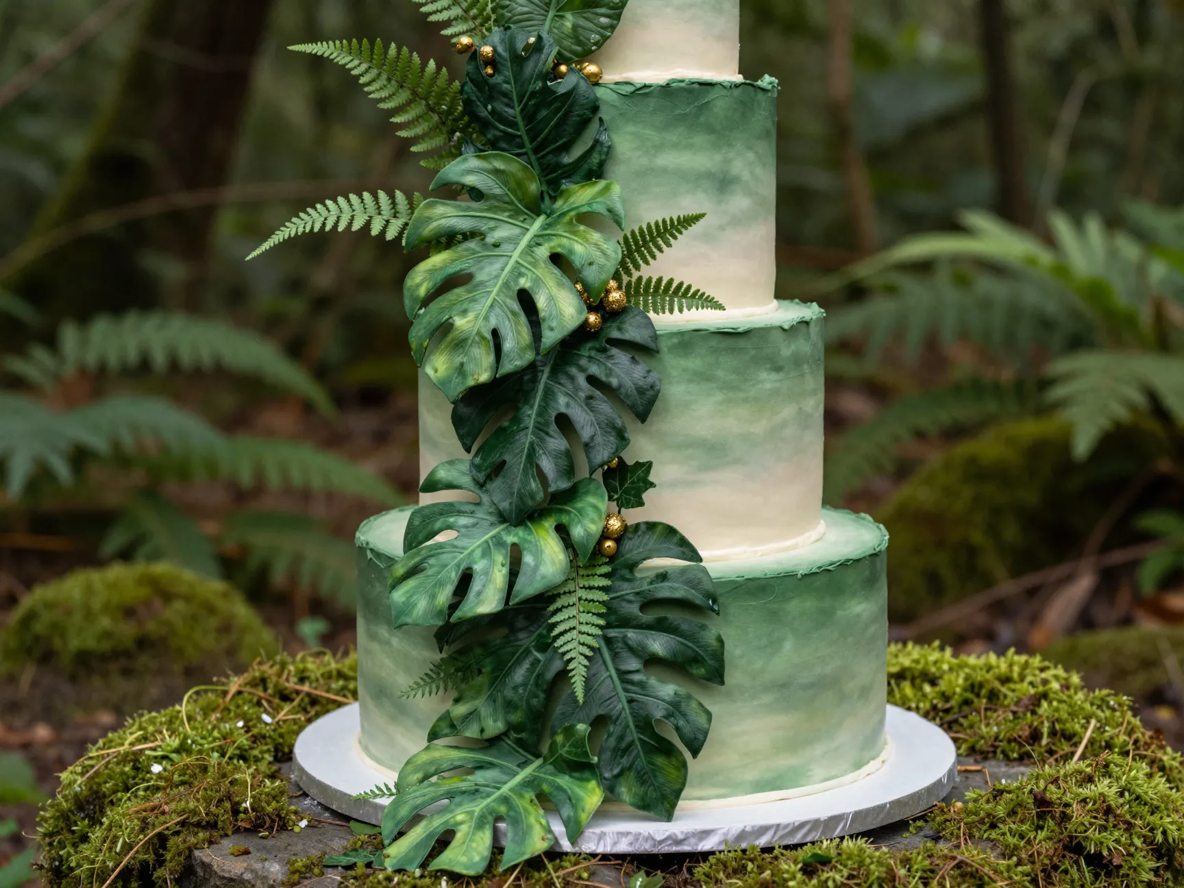 Botanical wedding cake adorned with cascading sugar monstera leaves