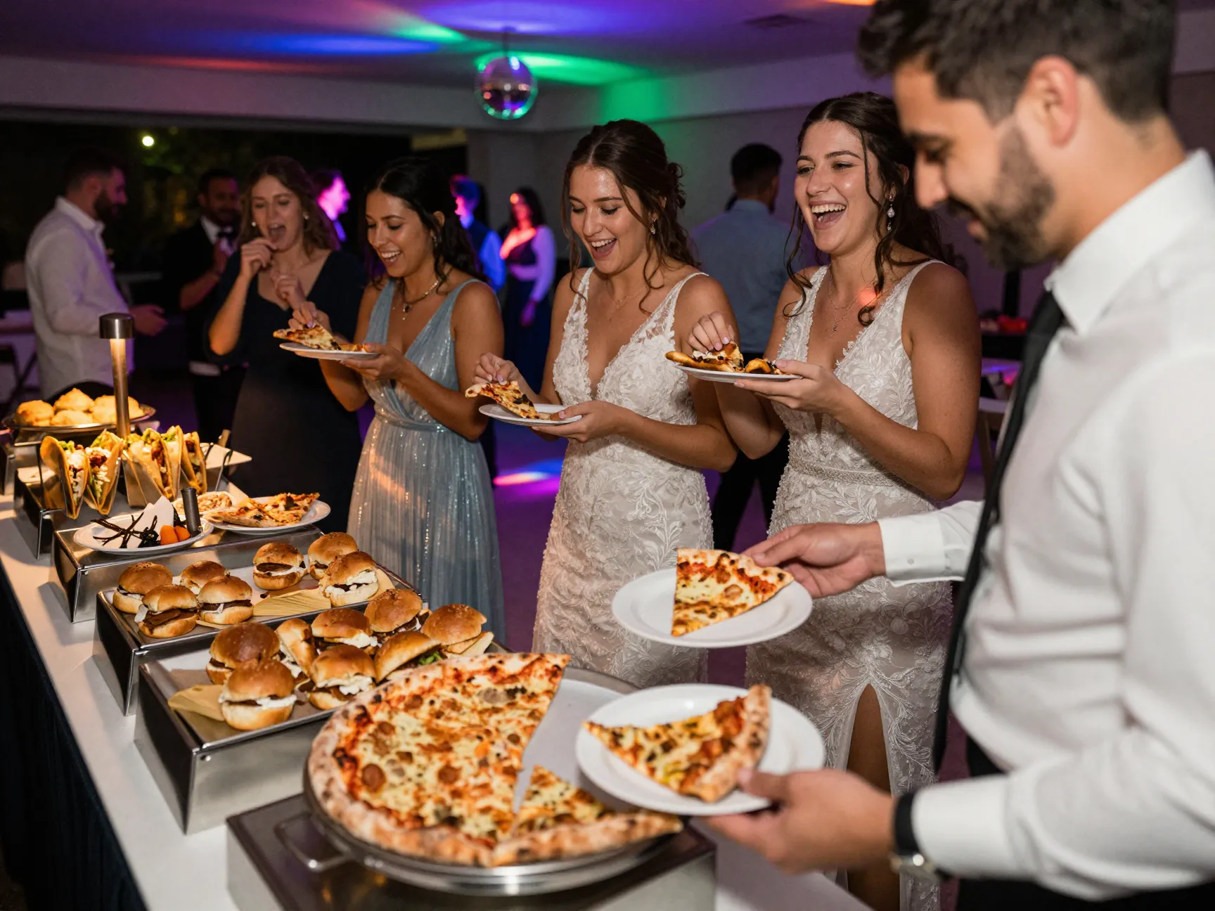 Late night snack station with pizza slices at wedding reception party