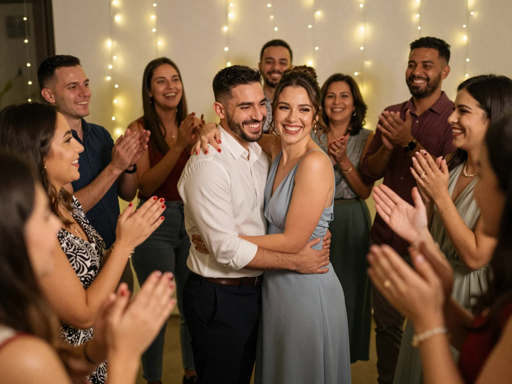 A grateful couple surrounded by supportive friends and family