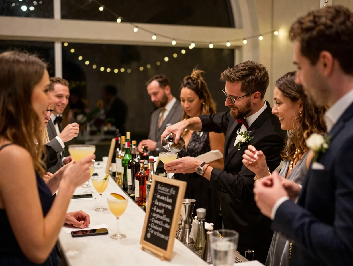 Guests interacting at a live cocktail mixing station