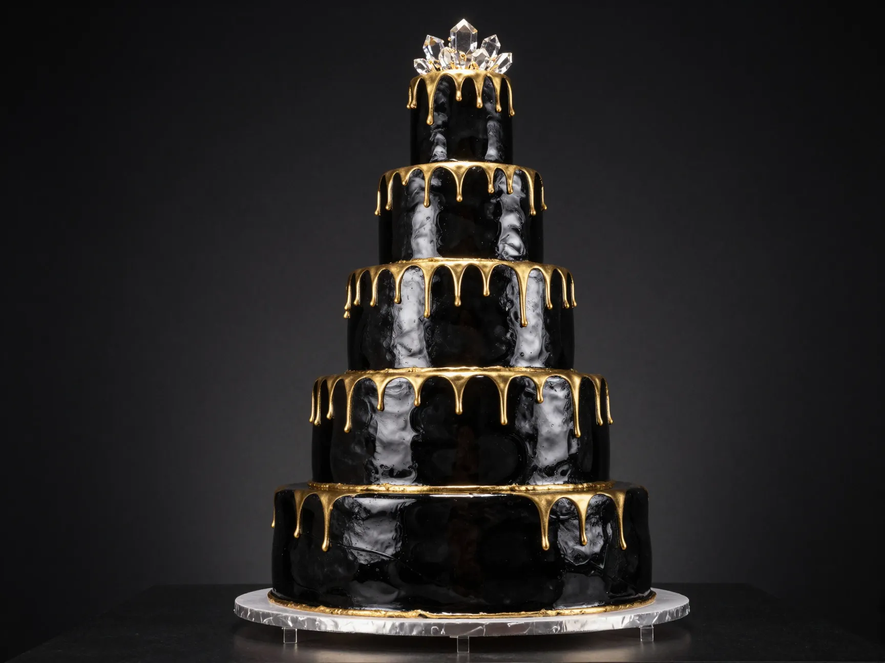 Tall five tier black cake with metallic mirror glaze and gold drips