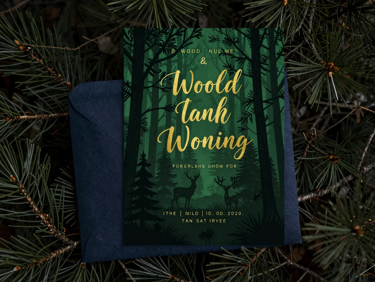 Woodland forest wedding invitation with pine trees and deer