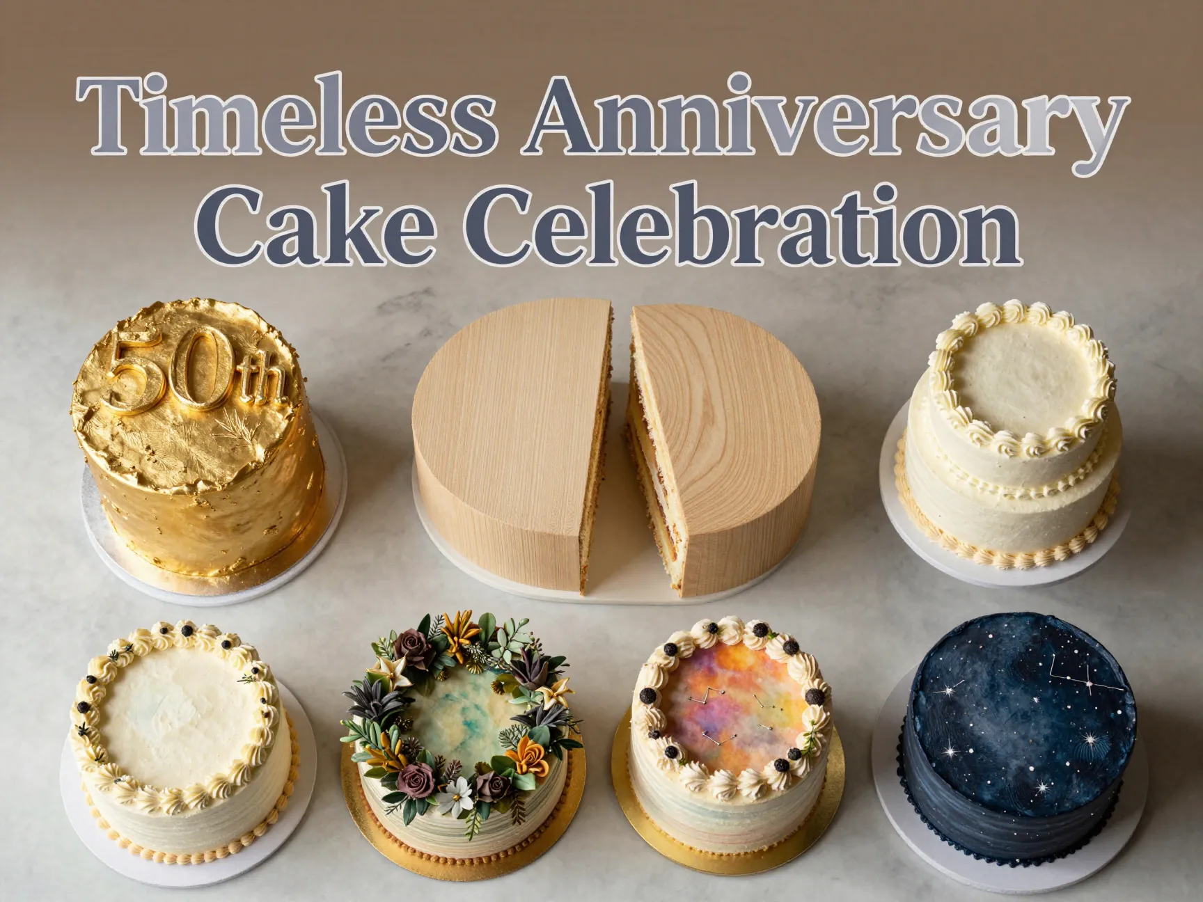 Eight anniversary cake flat lay celebration milestones botanical celestial golden