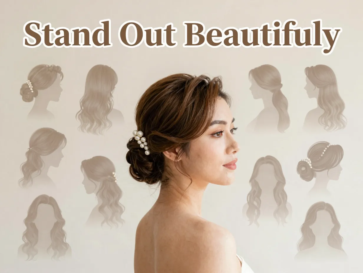 Eight maid of honor hairstyles floating icons pearl pin soft light