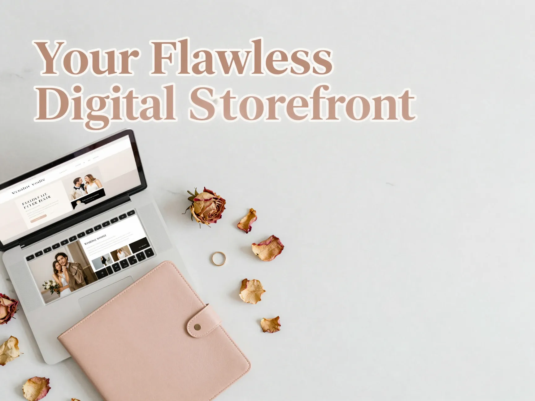 Wedding planner laptop flat lay ring petals website template showcase