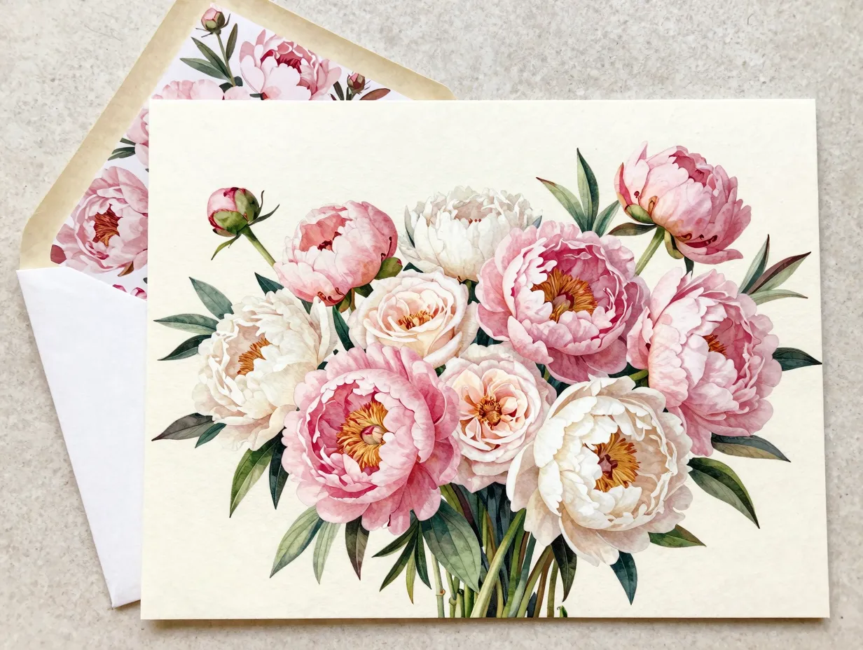 Oversized peony bouquet botanical illustration on invitation stationery