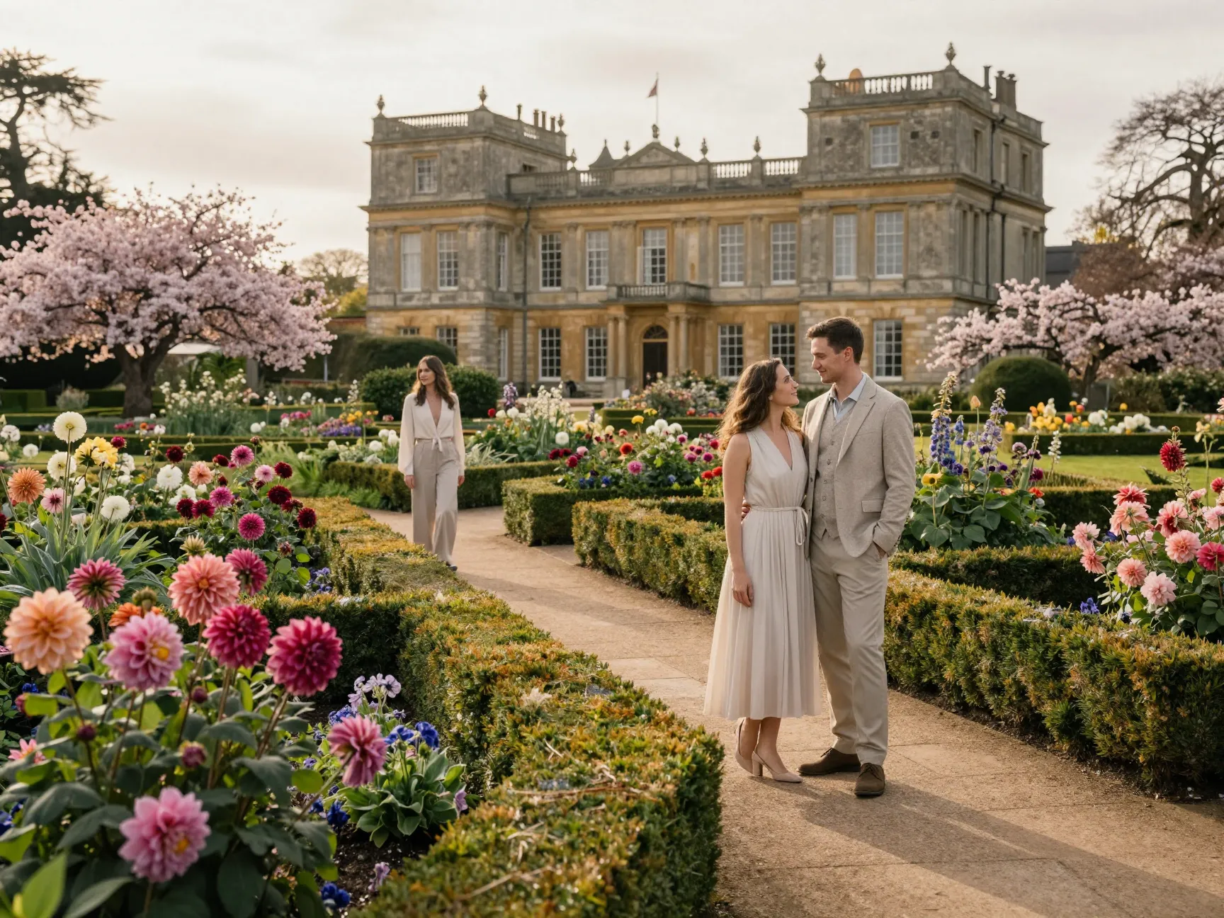 Romantic garden estate with couple in blooming seasonal flowers