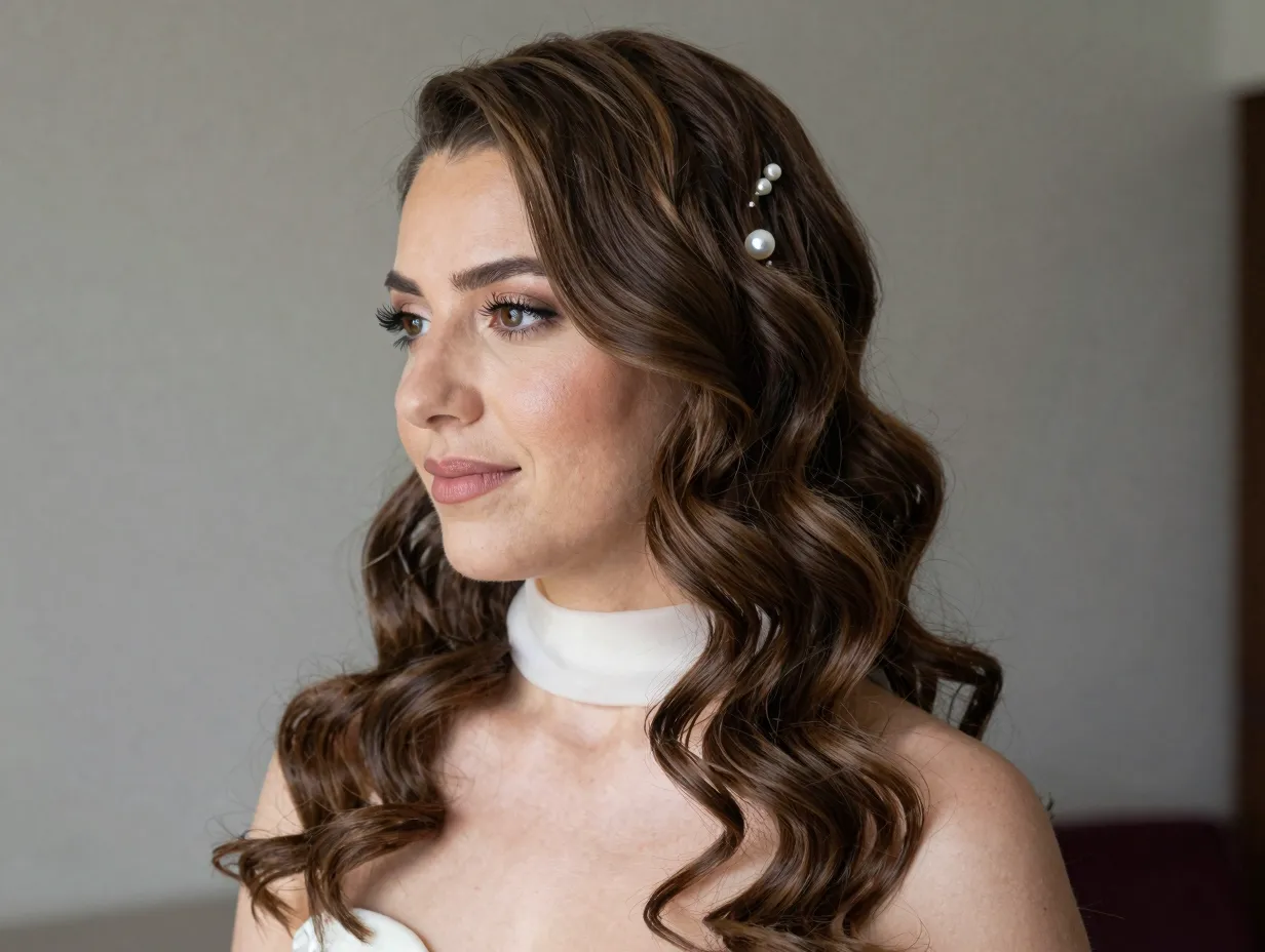 Romantic loose waves maid of honor with pearl pin