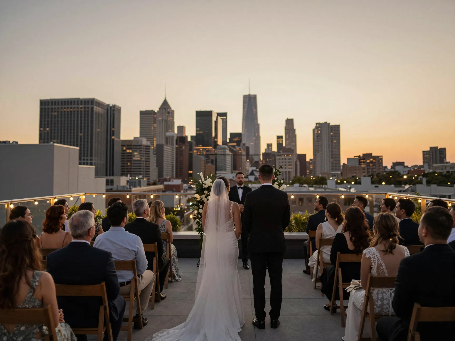 Rooftop wedding ceremony at sunset with urban skyline backdrop