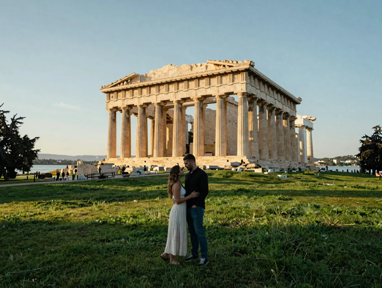 Couple before the parthenon replica in a lush green park