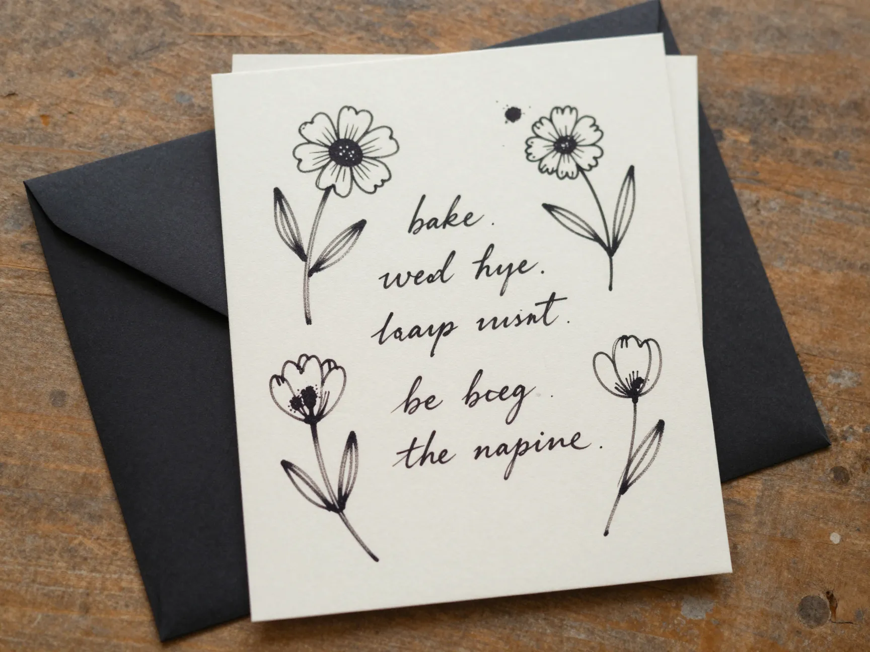 Hand drawn ink doodle floral elements on cream wedding invitation