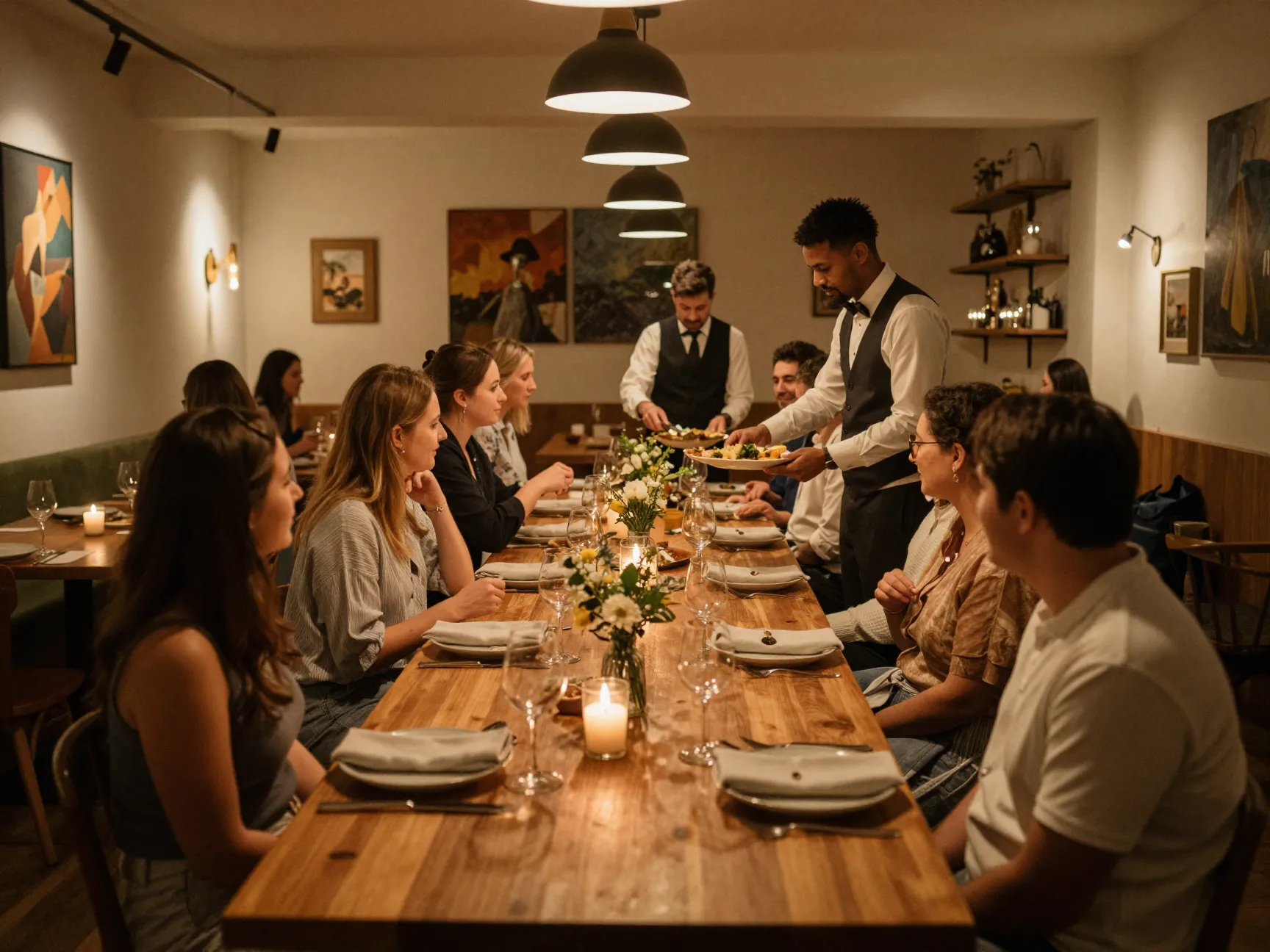 Intimate restaurant wedding dinner party in a warm ambient space