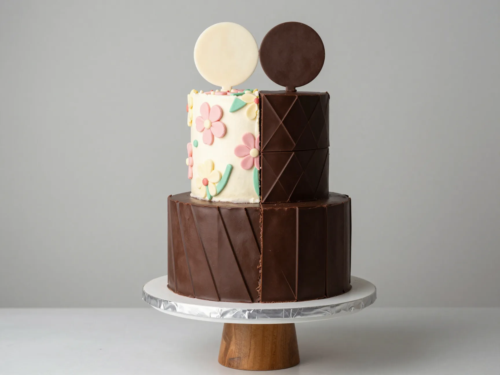 Unity cake split down center with contrasting geometric and floral designs