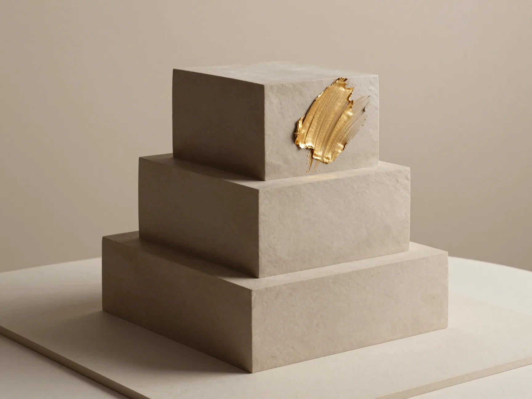 Minimalist architectural wood anniversary cake with clean sharp edges