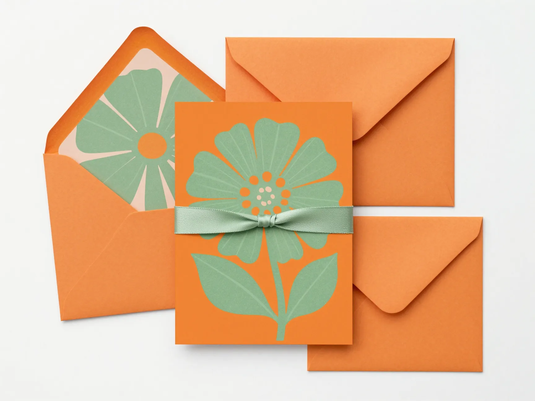 Vibrant tangerine and sage green floral wedding invitation suite
