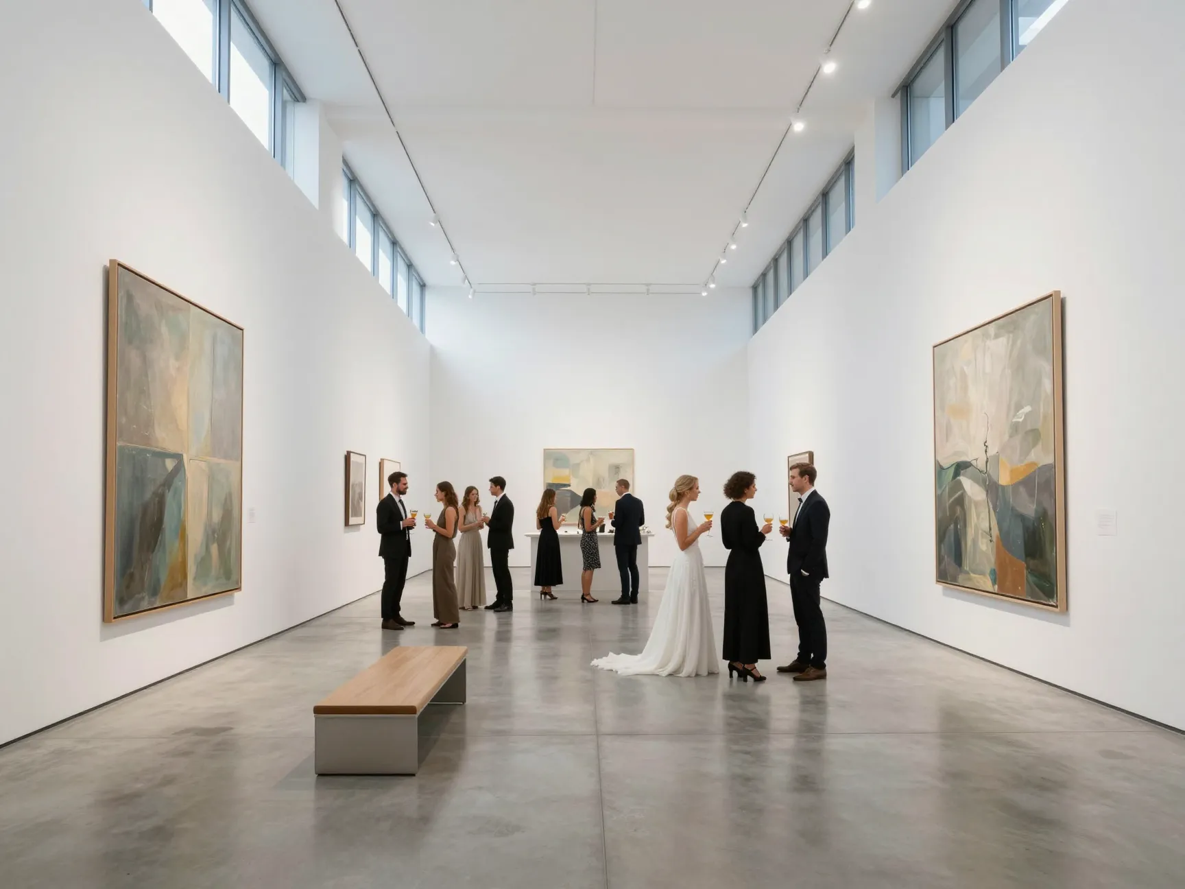 Wedding reception in a contemporary art gallery with clean architectural lines