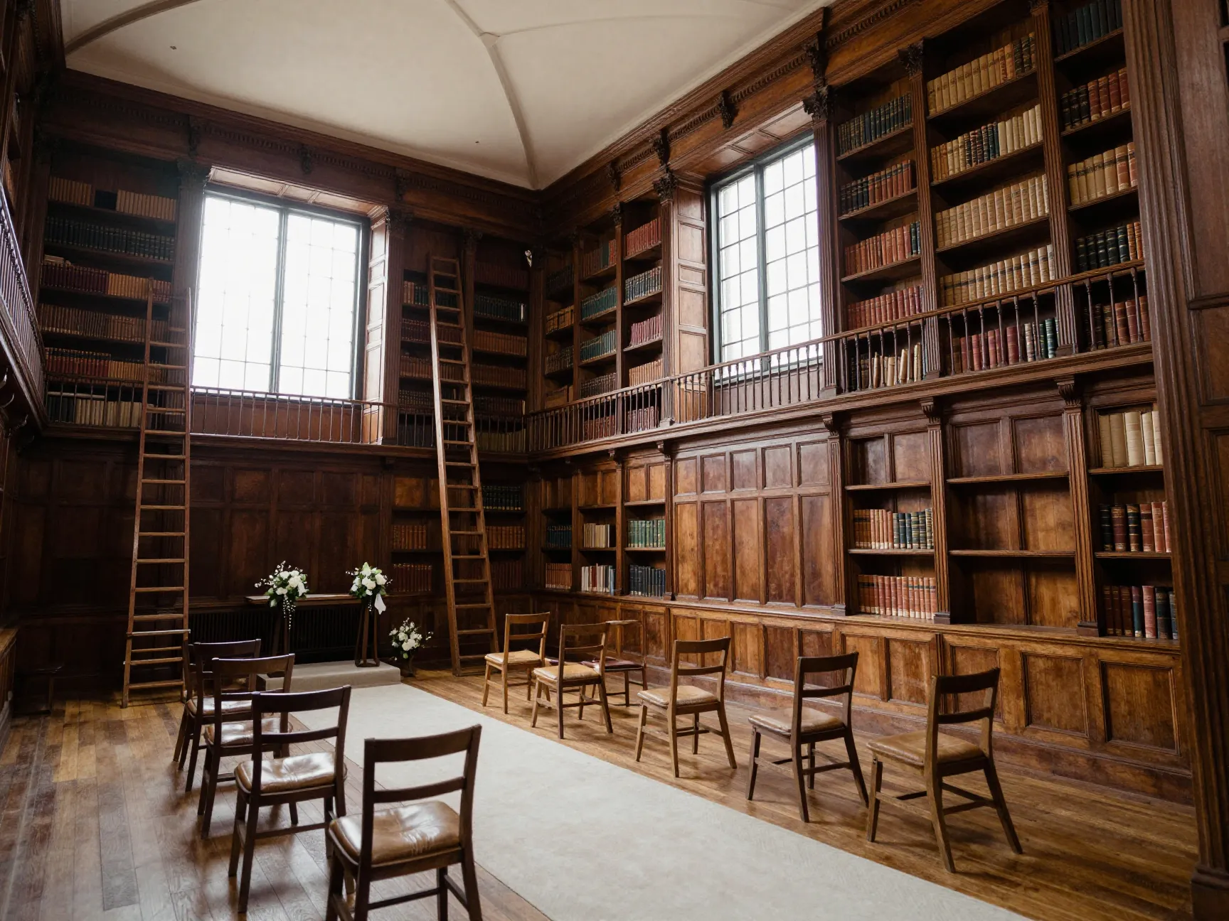 Historic converted library wedding venue with wood paneling and grandeur